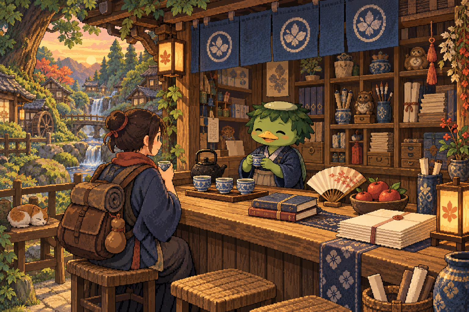 Una tienda japonesa de libros y té atendida por un kappa, ilustrada en pixel art